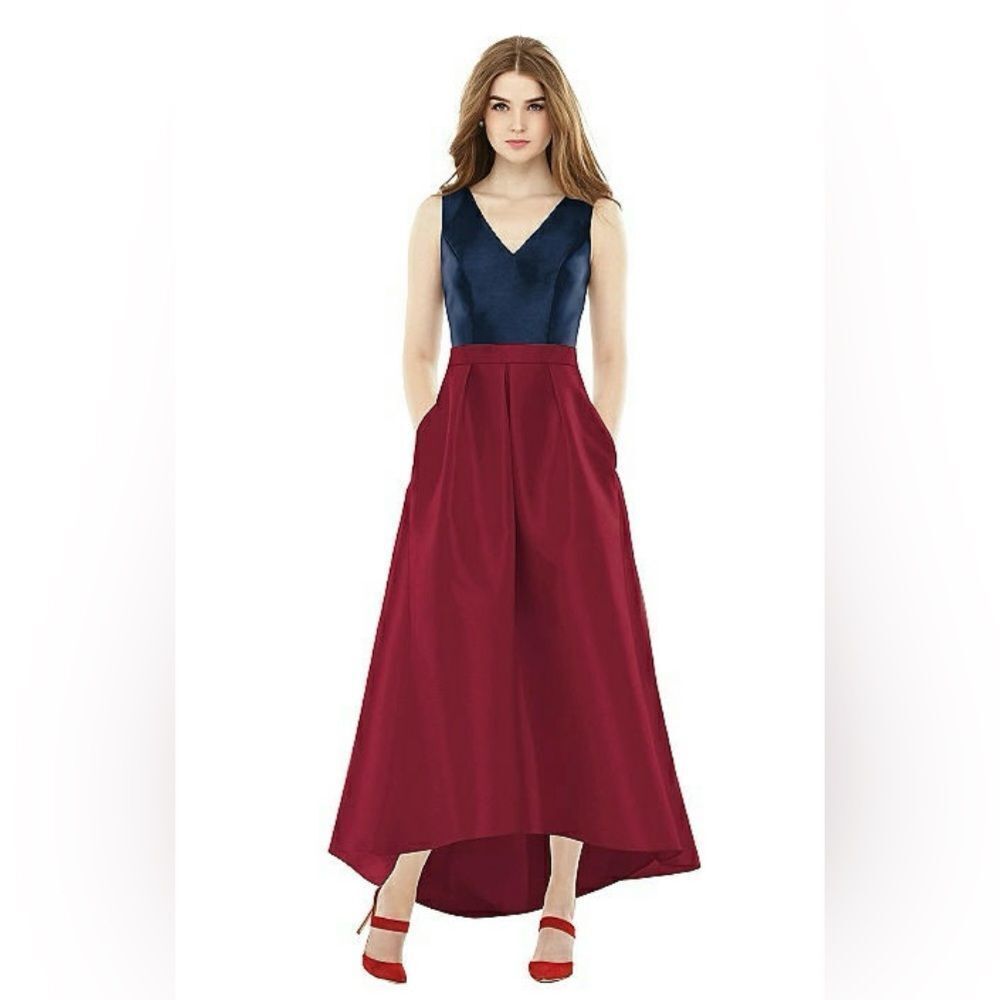 New Alfred Sung Style D723 Blue Burgundy Satin High Low Maxi Formal Gown Dress 4